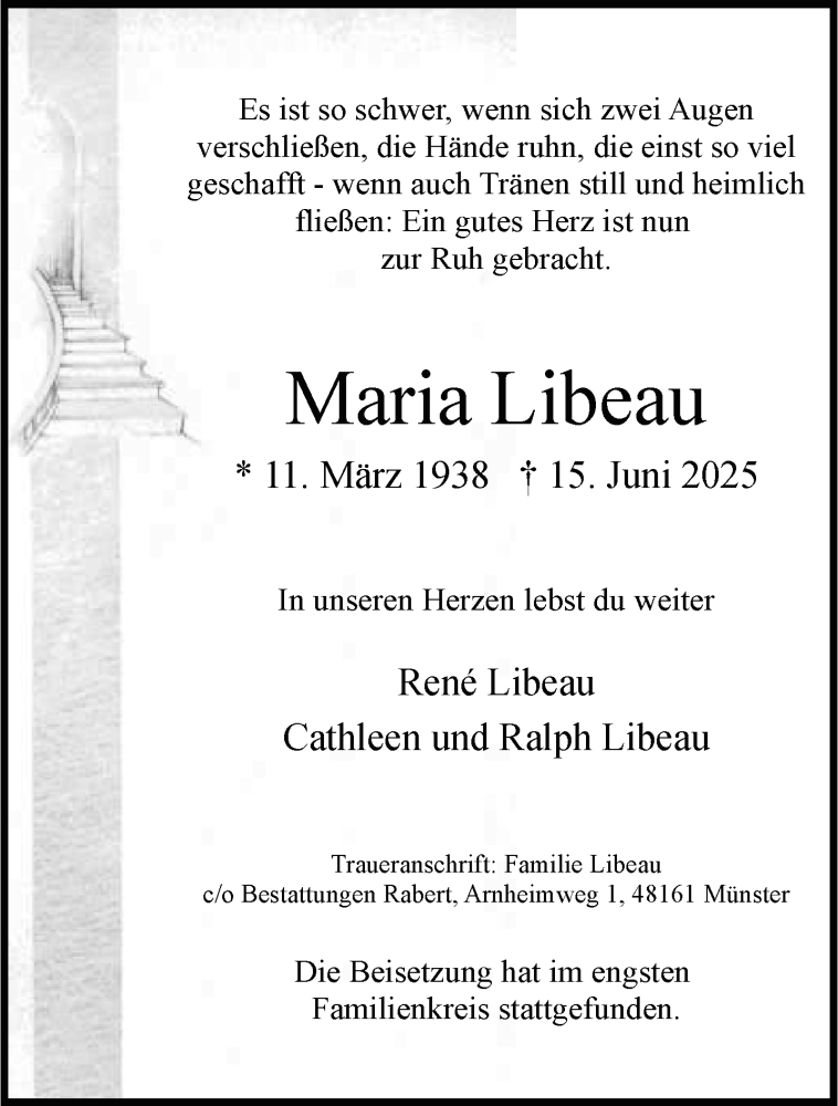  Traueranzeige für Maria Libeau vom 21.06.2025 aus 