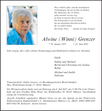 Anzeige von Alwine Grenzer 