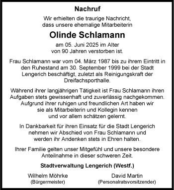 Anzeige von Olinde Schlamann 