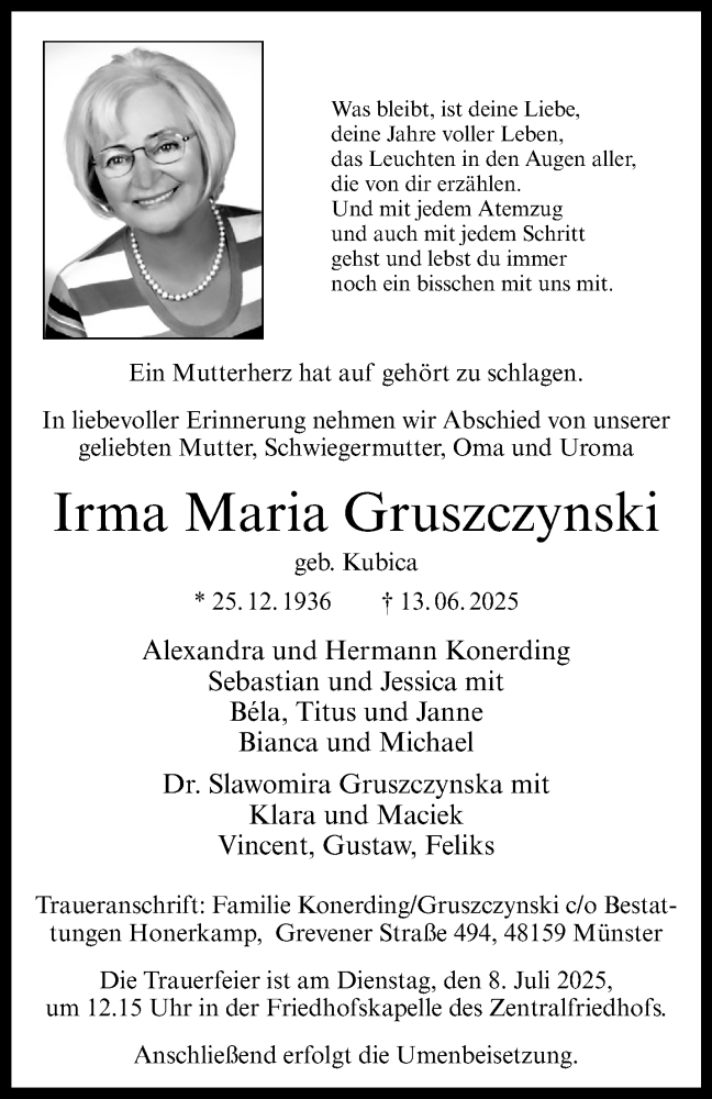  Traueranzeige für Irma Maria Gruszczynski vom 21.06.2025 aus 