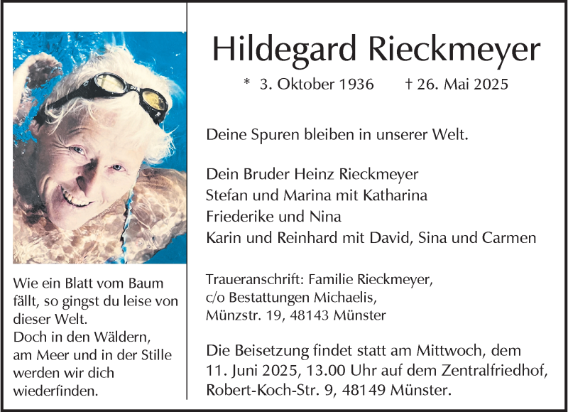  Traueranzeige für Hildegard Rieckmeyer vom 07.06.2025 aus 