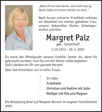 Anzeige von Margret Palz 