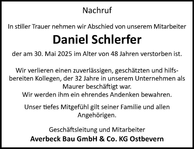  Traueranzeige für Daniel Schlerfer vom 14.06.2025 aus 