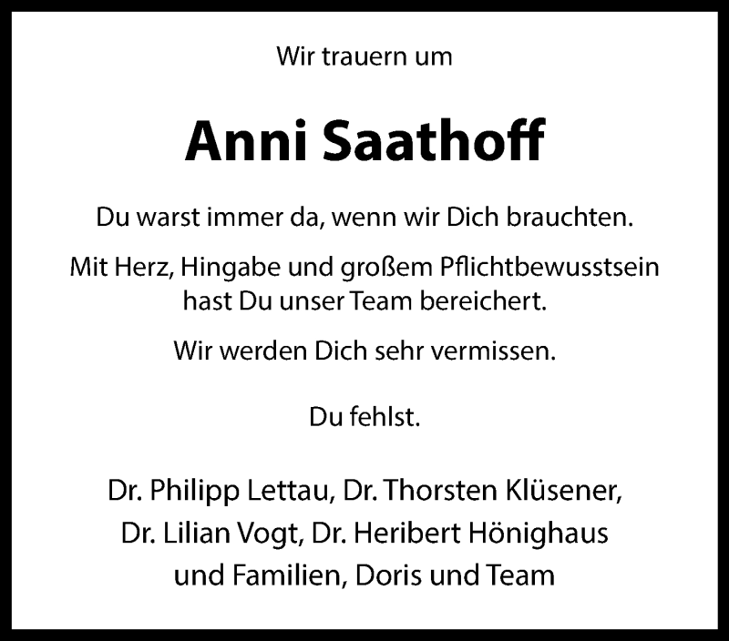  Traueranzeige für Anni Saathoff vom 07.06.2025 aus 