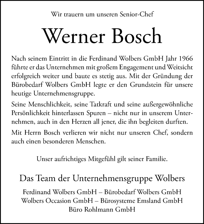  Traueranzeige für Werner Bosch vom 17.06.2025 aus 