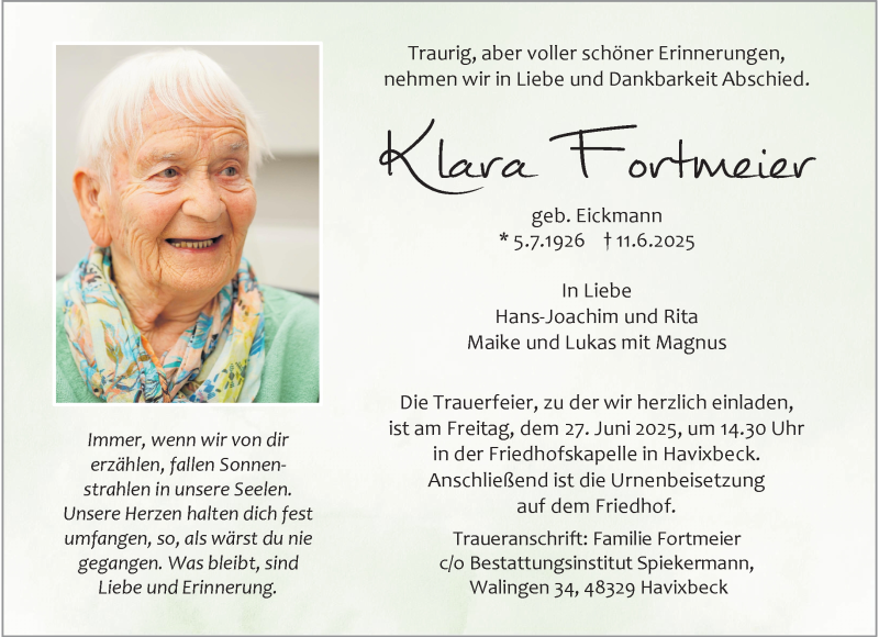  Traueranzeige für Klara Fortmeier vom 21.06.2025 aus 