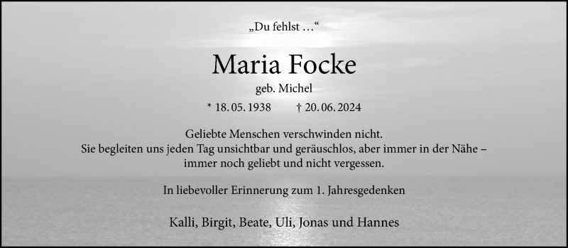  Traueranzeige für Maria Focke vom 21.06.2025 aus 