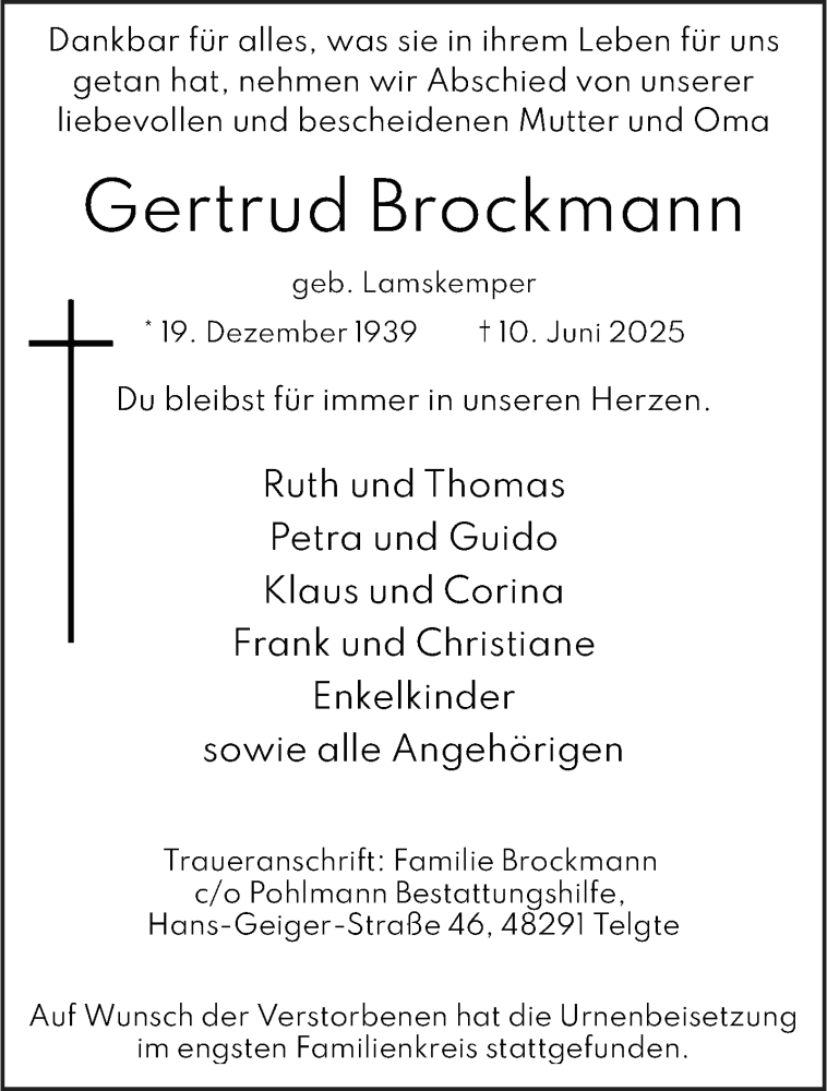  Traueranzeige für Gertrud Brockmann vom 28.06.2025 aus 