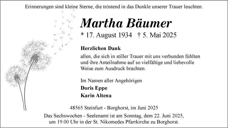  Traueranzeige für Martha Bäumer vom 21.06.2025 aus 