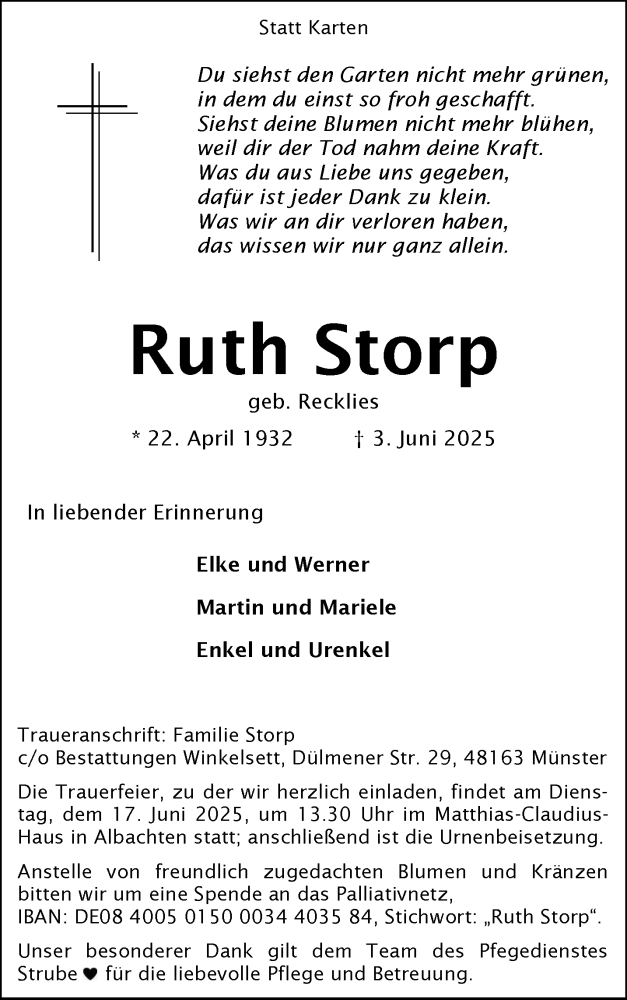  Traueranzeige für Ruth Storp vom 14.06.2025 aus 