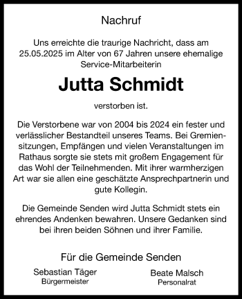 Anzeige von Jutta Schmidt 