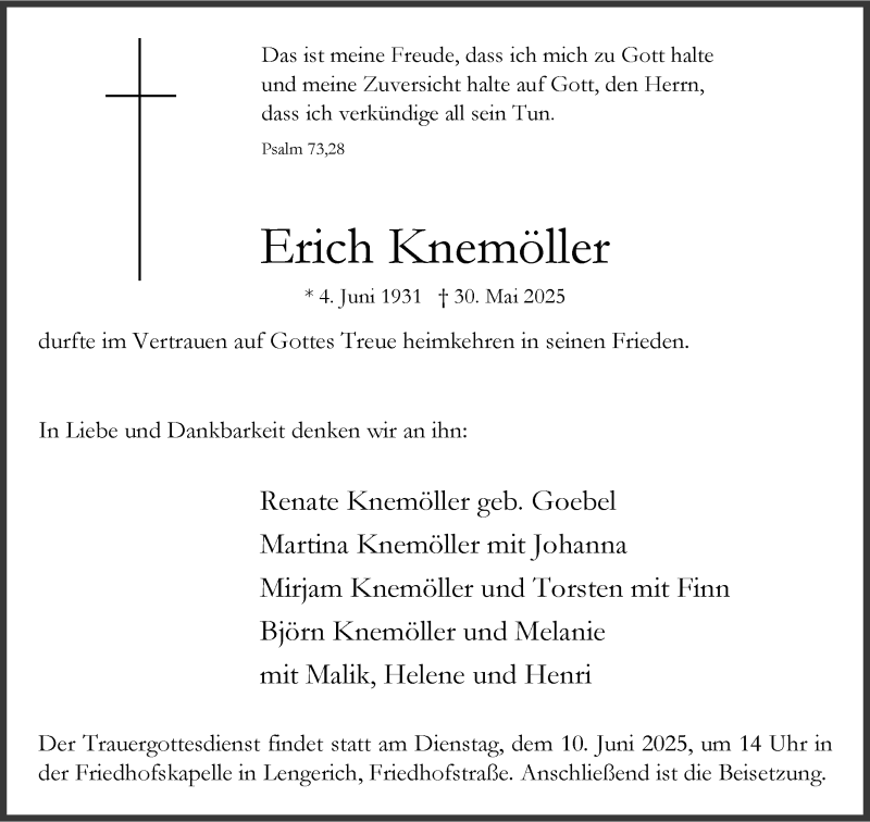  Traueranzeige für Erich Knemöller vom 04.06.2025 aus 