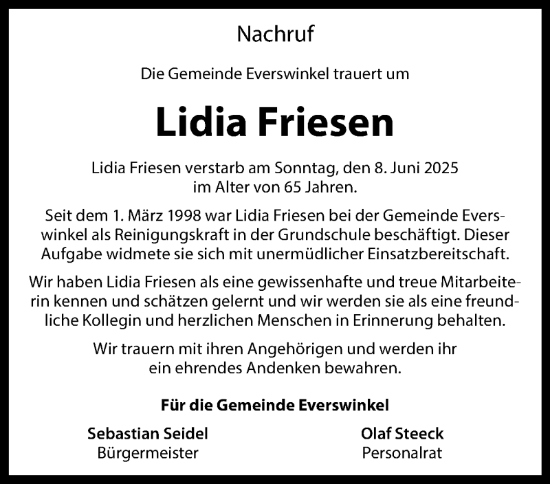  Traueranzeige für Lidia Friesen vom 14.06.2025 aus 