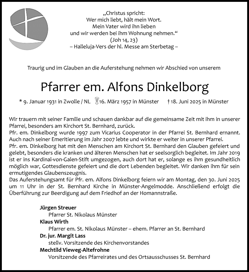  Traueranzeige für Alfons Dinkelborg vom 25.06.2025 aus 