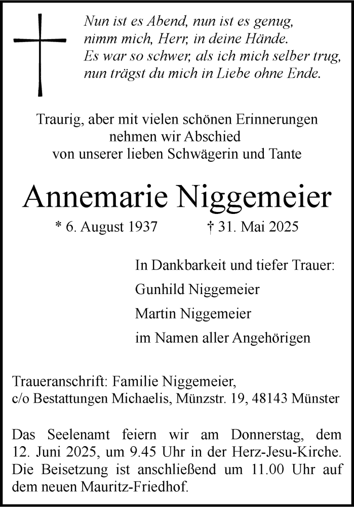  Traueranzeige für Annemarie Niggemeier vom 07.06.2025 aus 