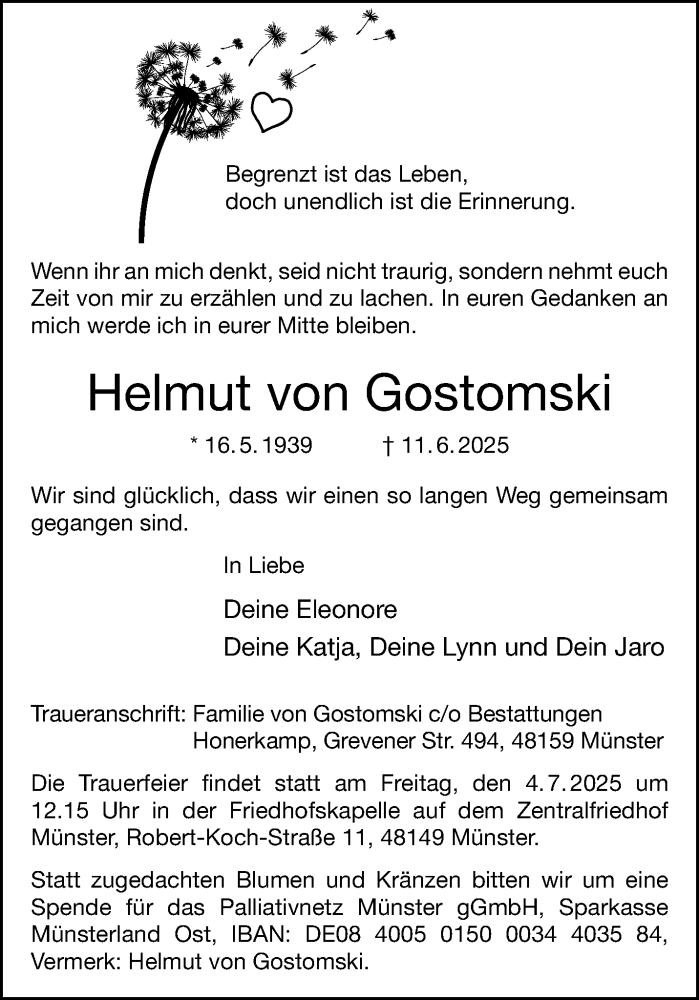  Traueranzeige für Helmut von Gostomski vom 21.06.2025 aus 