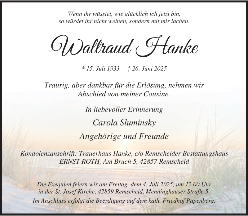  Traueranzeige für Waltraud Hanke vom 28.06.2025 aus 