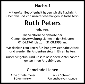 Anzeige von Ruth Peters 