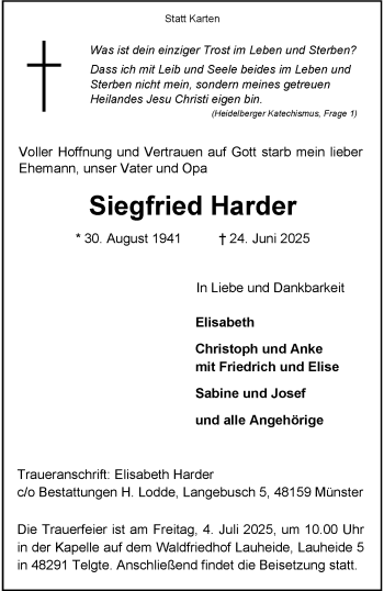 Anzeige von Siegfried Harder 
