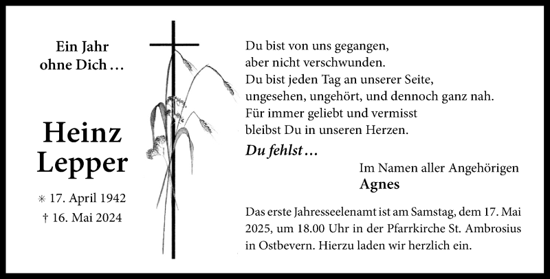  Traueranzeige für Heinz Lepper vom 10.05.2025 aus 