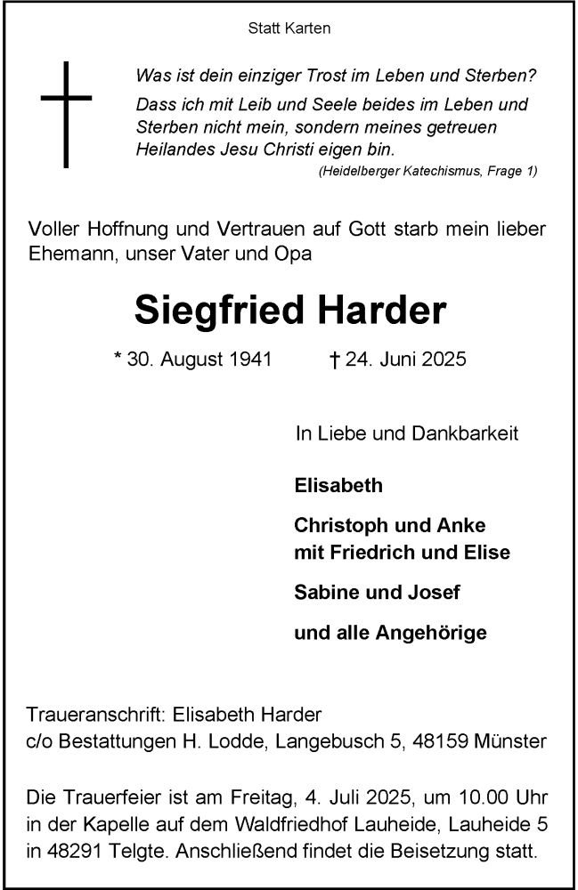  Traueranzeige für Siegfried Harder vom 28.06.2025 aus 