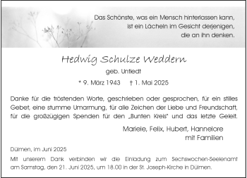 Anzeige von Hedwig Schulze Weddern 