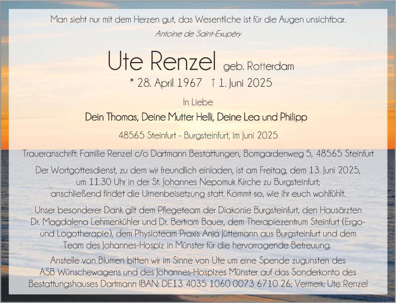  Traueranzeige für Ute Renzel vom 07.06.2025 aus 