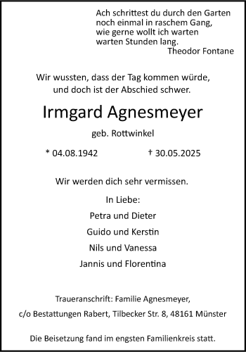 Anzeige von Irmgard Agnesmeyer 