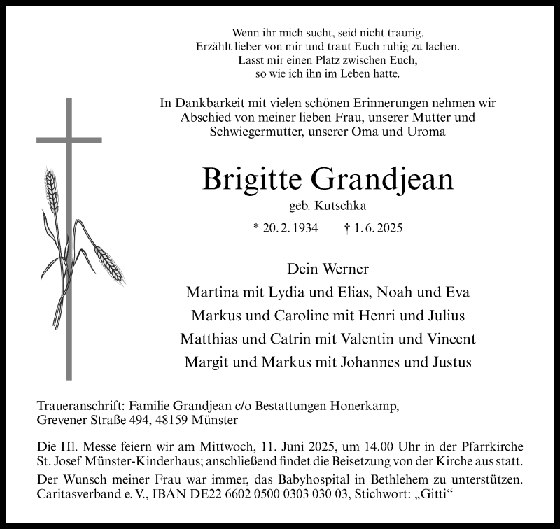  Traueranzeige für Brigitte Grandjean vom 07.06.2025 aus 
