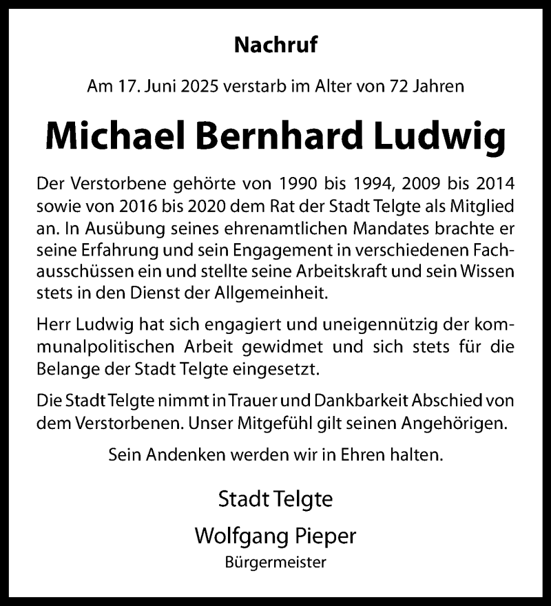  Traueranzeige für Michael Bernhard Ludwig vom 28.06.2025 aus 