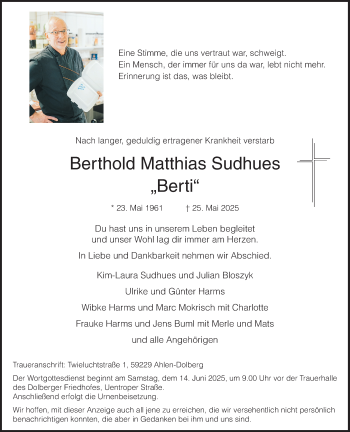 Anzeige von Berthold Matthias Sudhues 