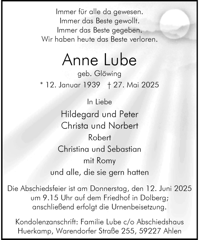  Traueranzeige für Anne Lube vom 07.06.2025 aus 