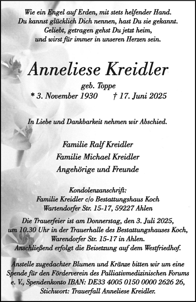 Traueranzeige für Anneliese Kreidler vom 21.06.2025 aus 