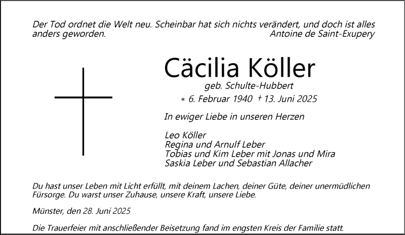  Traueranzeige für Cäcilia Köller vom 28.06.2025 aus 
