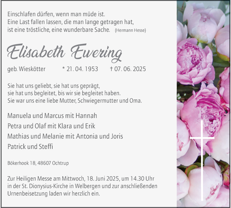  Traueranzeige für Elisabeth Ewering vom 11.06.2025 aus 