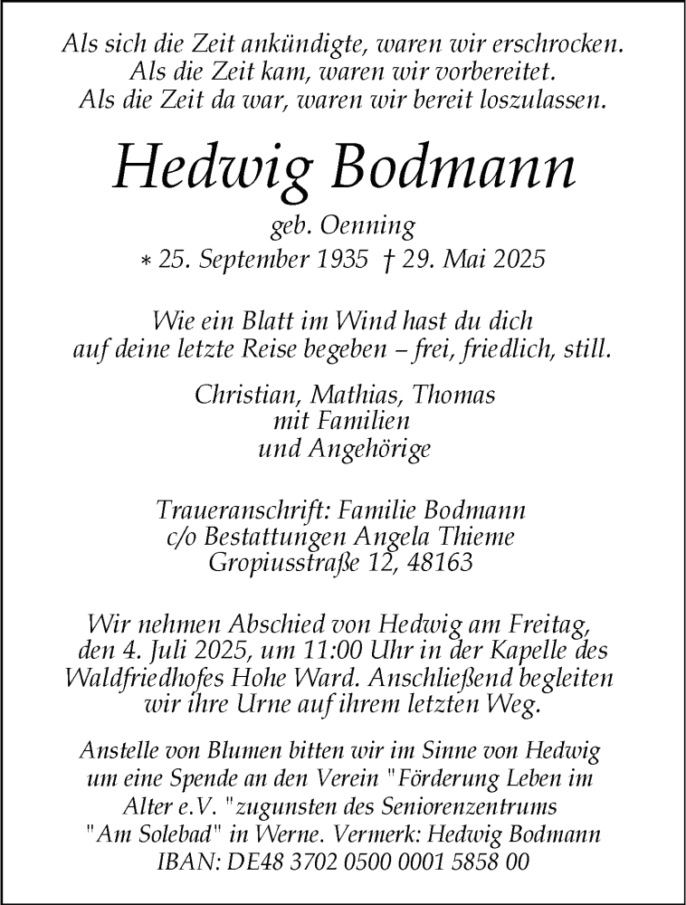  Traueranzeige für Hedwig Bodmann vom 21.06.2025 aus 
