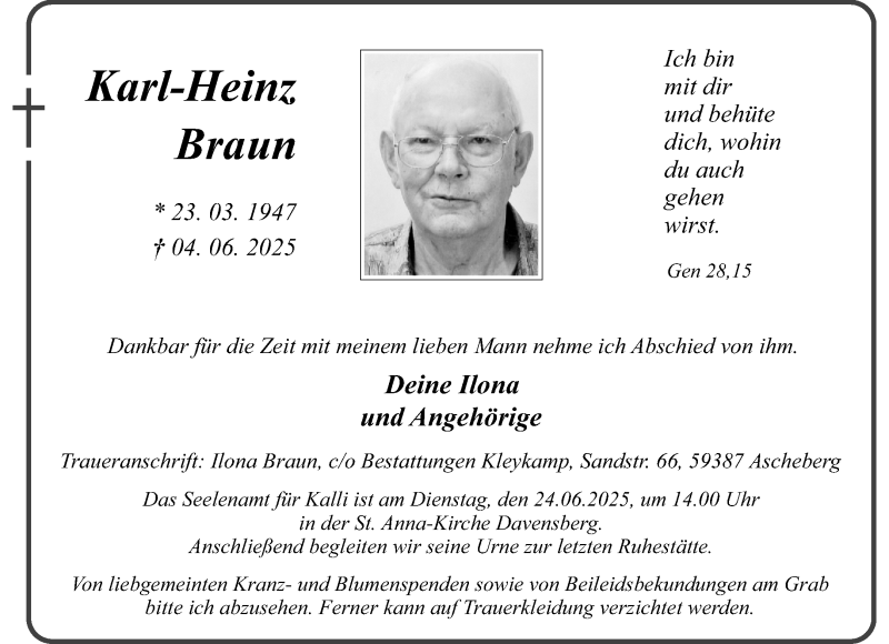  Traueranzeige für Karl-Heinz Braun vom 14.06.2025 aus 