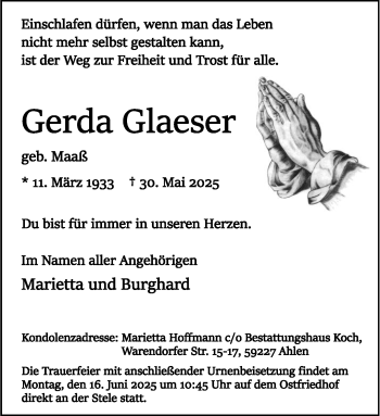 Anzeige von Gerda Glaeser 