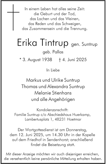 Anzeige von Erika Tintrup gen. Suntrup 