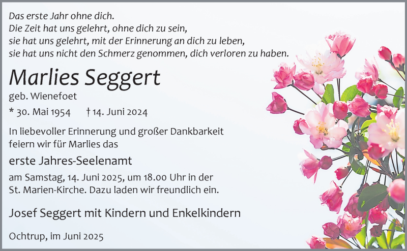  Traueranzeige für Marlies Seggert vom 11.06.2025 aus 