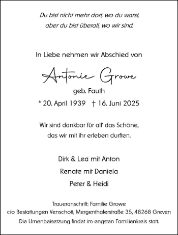 Anzeige von Antonie Growe 
