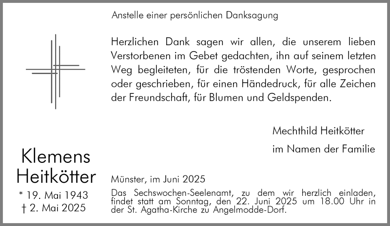  Traueranzeige für Mechthild Heitkötter vom 14.06.2025 aus 