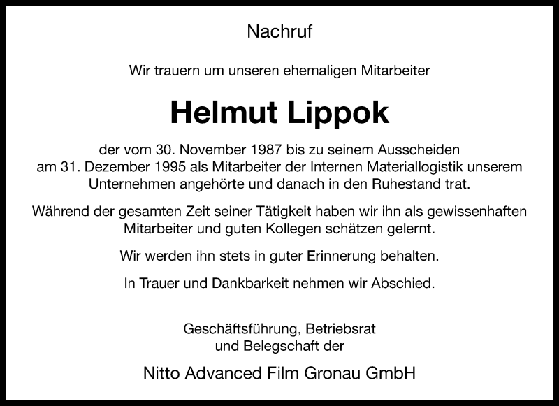  Traueranzeige für Helmut Lippok vom 04.07.2025 aus 
