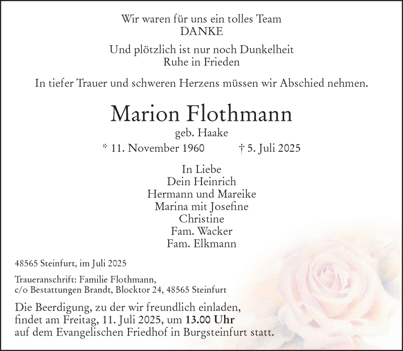  Traueranzeige für Marion Flothmann vom 09.07.2025 aus 