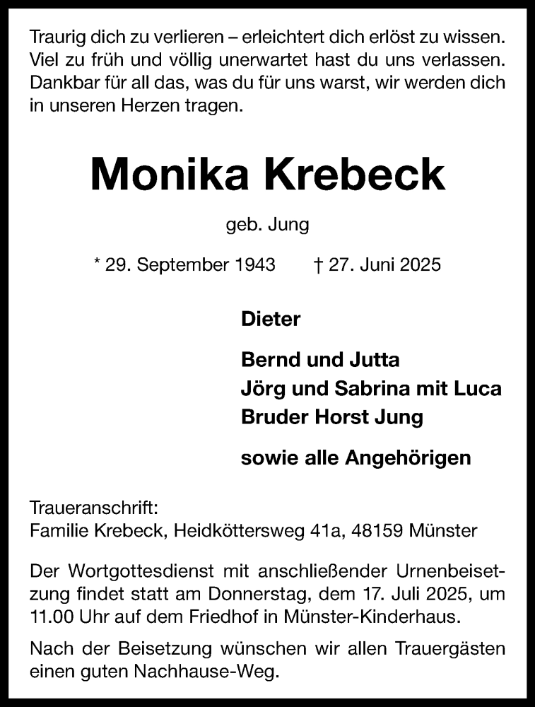  Traueranzeige für Monika Krebeck vom 12.07.2025 aus 