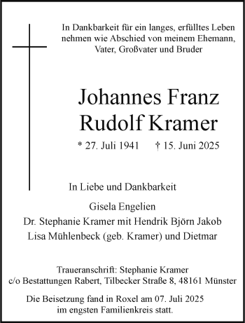 Anzeige von Johannes Franz Rudolf Kramer 