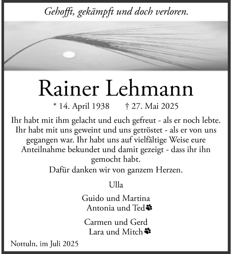  Traueranzeige für Rainer Lehmann vom 19.07.2025 aus 