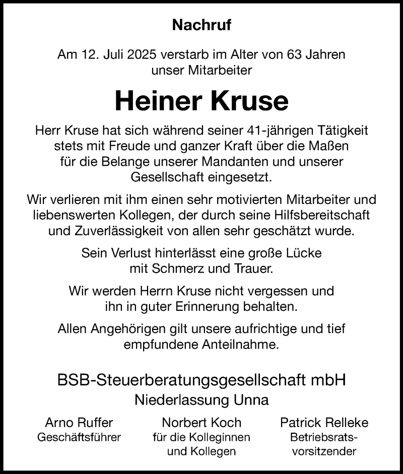  Traueranzeige für Heiner Kruse vom 18.07.2025 aus 