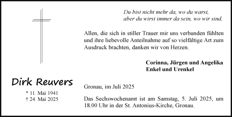  Traueranzeige für Dirk Reuvers vom 02.07.2025 aus 