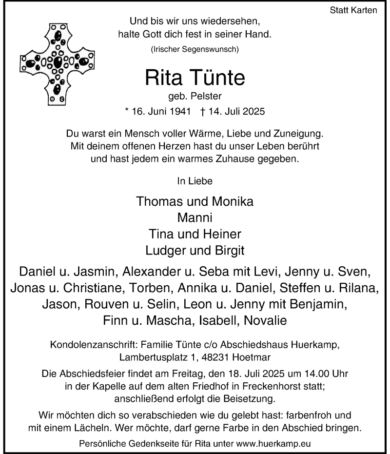 Traueranzeige für Rita Tünte vom 17.07.2025 aus 